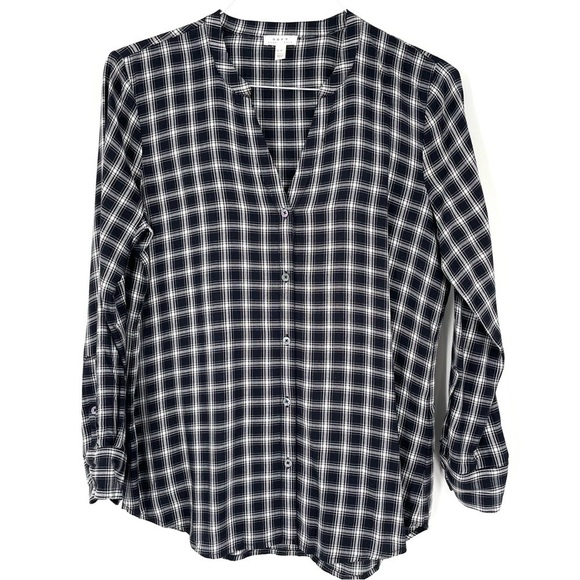 Soft Joie Black Plaid 3/4 Sleeve Roll Tab Pull Over Button Blouse - Picture 2 of 8